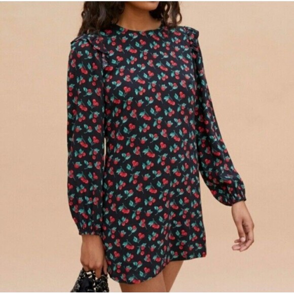 Reformation Mini Dress Cherry sz Small Fruits Ruffles Strawberry Black Red - Picture 1 of 13